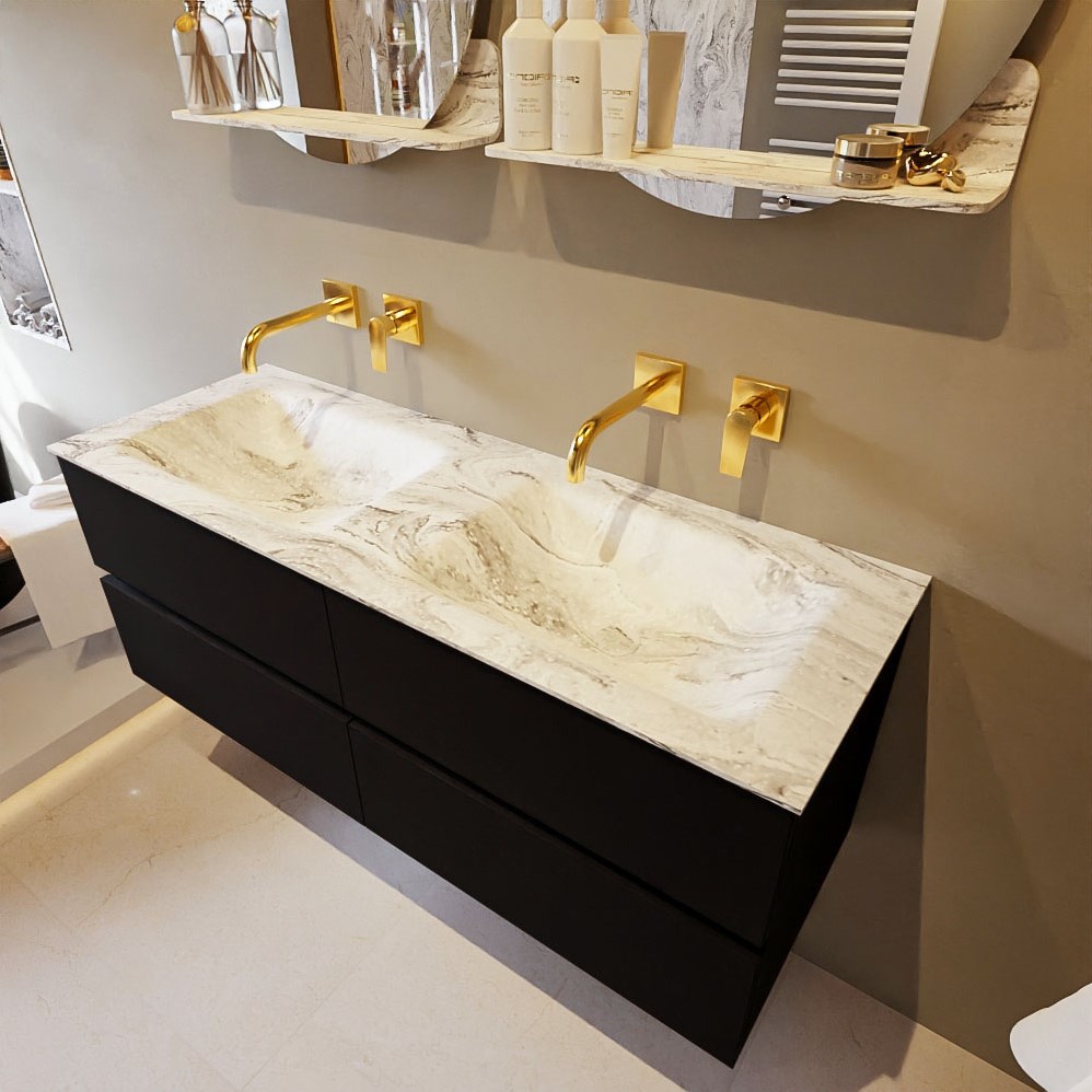VICA-DLUX 130cm badmeubel onderkast Urban 4 lades. Inbouw wastafel CLOUD  dubbel zonder kraangat, kleur Glace.